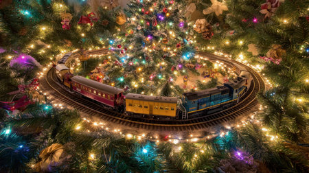 A delightful scene featuring a model train winding around a festive Christmas tree adorned with bright lights and ornaments, evoking warmth and nostalgia during the holiday season.の素材