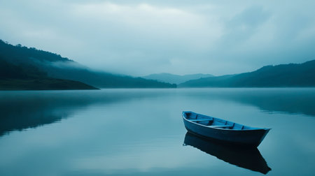 A serene scene featuring a blue boat floating gently on a calm lake. Misty mountains frame the quiet water under a soft, overcast sky, creating a peaceful atmosphere.の素材