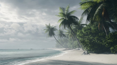 A tranquil tropical beach with swaying palm trees, soft waves, and a dramatic cloudy sky creates a perfect scene for relaxation and escape in natureの素材