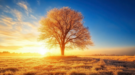 A stunning scene showcasing a lone tree standing in a golden field during sunrise, offering a serene moment of nature's beauty with vibrant colors and soft clouds.の素材