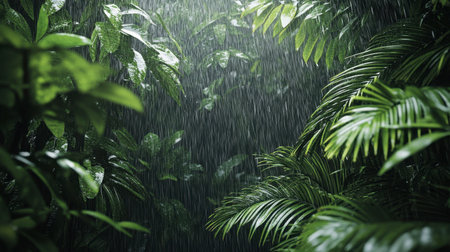 A beautiful view of a tropical rainforest with heavy rainfall, showcasing dense foliage and vibrant greenery, creating a serene and peaceful atmosphere in nature.の素材