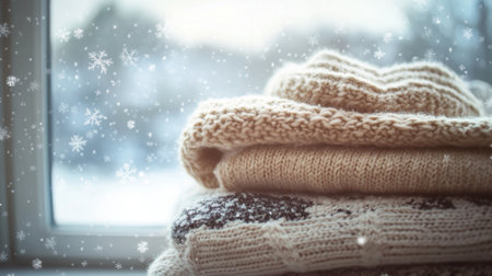 A cozy arrangement of knitted sweaters stacked neatly, with a beautiful winter background and soft snowflakes, creating a warm and inviting atmosphere perfect for seasonal days.の素材