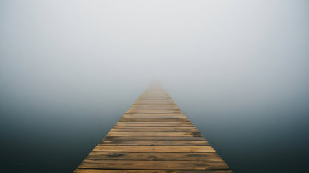 A wooden pier stretches into the misty fog above calm waters, creating an ethereal scene of tranquility and solitude, perfect for evoking feelings of peace and mystery.の素材