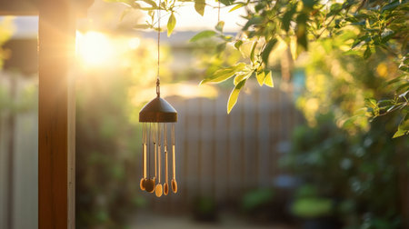 A tranquil garden scene featuring wind chimes swaying gently in the warm golden light of sunset, creating a peaceful atmosphere rich in natural beauty and serenity.の素材