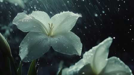 A stunning close-up of a white flower surrounded by droplets of rain, showcasing the beauty of nature in a serene garden setting during a gentle rain.の素材
