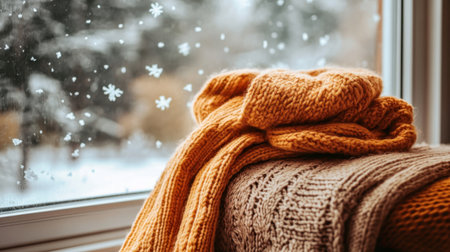 A tranquil winter scene featuring soft, warm knit sweaters resting on a windowsill, with beautiful snowflakes gently falling outside, creating a cozy environment.の素材