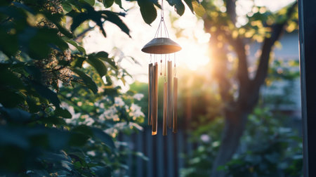 A serene image of a wind chime gently swinging in a garden, filtered sunlight creating a soothing atmosphere among lush green foliage, embodying peace and tranquility.の素材