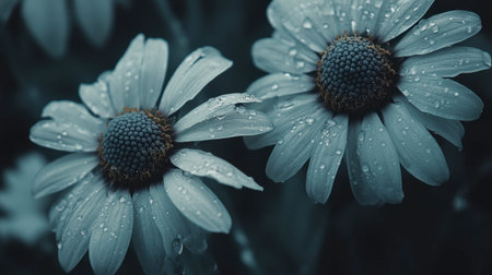 Captivating close-up of dew-covered daisies, highlighting the delicate petals and vibrant texture against a moody backdrop, creating a sense of serene beauty in nature.の素材
