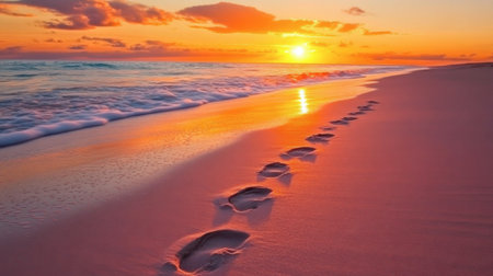 A picturesque view of a sandy beach at sunset, featuring charming footprints leading towards the tranquil ocean waves under a colorful sky.の素材