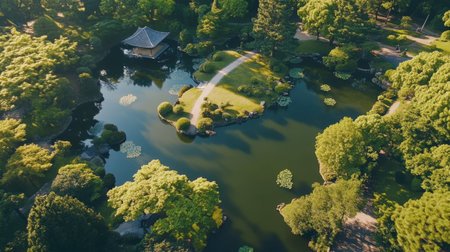 This stunning aerial photo showcases a Japanese garden featuring a tranquil pond, decorative pavilion, lush trees, and serene reflections that embody nature's beauty and peace.の素材