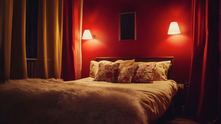 Experience a tranquil retreat in this cozy bedroom featuring rich red walls, soft bedding with floral pillows, and warm lighting for a romantic atmosphere.の素材
