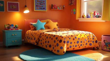 This vibrant child's bedroom features a large polka dot bedspread, playful accessories, and a warm atmosphere filled with color and creativity, perfect for a cozy and inviting space.の素材
