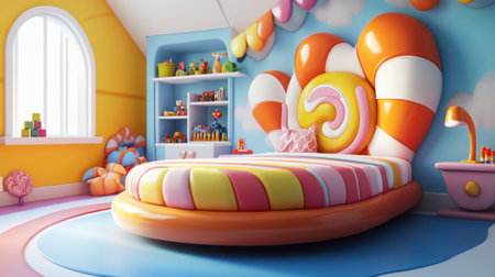 A vibrant candy-themed bedroom designed for children, showcasing playful colors and shapes, creating a joyful atmosphere filled with creativity and imagination.の素材