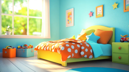 A vibrant children's bedroom featuring colorful polka dot bedding, cheerful decor, and a bright window allowing natural light to create a warm and inviting atmosphere.の素材