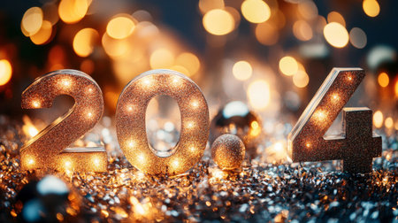 Brightly lit numbers shimmer against a soft background of lights, symbolizing celebration and new beginnings, perfect for festive events, parties, and joyful occasions.の素材