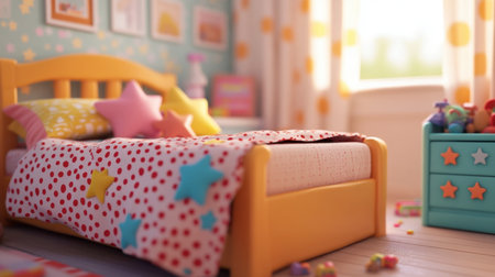 A delightful children's bedroom featuring a colorful bedspread adorned with playful stars and polka dots, bathed in soft natural light to enhance the cheerful ambiance.の素材