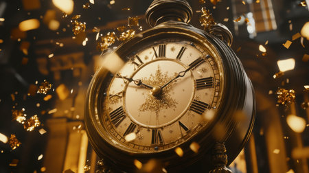A stunning golden clock is enveloped in sparkling confetti, exuding a festive ambiance perfect for celebrations. This artwork symbolizes the beauty of time in a luxurious environment.の素材