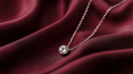 Delicate silver necklace with a shimmering gemstone rests elegantly on rich burgundy silk, embodying luxury and sophistication perfect for highlighting exquisite jewelry design.の素材