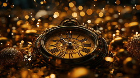 A captivating antique pocket watch set against a backdrop of golden glitter and soft bokeh lights, evoking a sense of nostalgia and elegance in a festive atmosphere.の素材