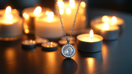 A stunning silver necklace features a glittering pendant, beautifully illuminated by flickering candlelight, creating a serene and luxurious atmosphere perfect for romantic settings.の素材