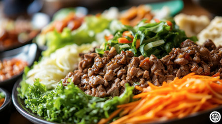 A vibrant platter showcasing seasoned meat accompanied by an assortment of fresh vegetables, offering a delicious and healthy meal. Perfect for sharing and enjoying.の素材