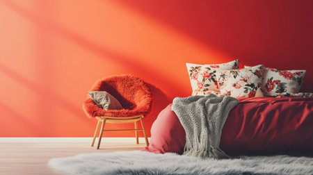 A beautifully arranged bedroom featuring a bright orange wall, floral pillows, a soft throw blanket, and a unique chair, creating a warm and inviting atmosphere.の素材