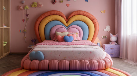 Bright and inviting children's bedroom featuring a heart-shaped bed, colorful pillows, and playful decor to create a cozy and imaginative environment for kids.の素材