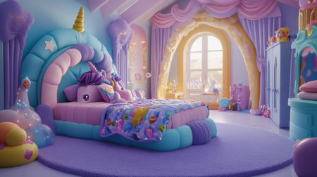 A vibrant and enchanting children's bedroom featuring a unicorn-themed bed, pastel colors, plush toys, and imaginative decor, creating a cozy and playful atmosphere for kids.の素材