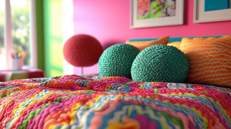 This stunning bedroom features a vibrant quilted bedding and decorative cushions, creating a cozy atmosphere with playful patterns and bright colors, perfect for any modern interior.の素材