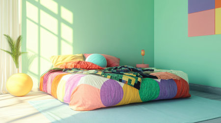 A modern bedroom featuring colorful quilt bedding and vibrant decor, enhanced by natural light, creating a cheerful and inviting atmosphere perfect for relaxation.の素材