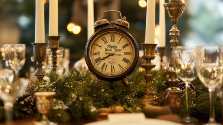 Celebrate the New Year with this stunning table setting featuring a vintage clock, elegant candles, and festive decor, creating a cheerful and warm atmosphere for unforgettable moments.の素材