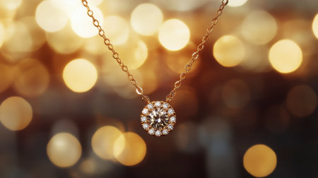 Stunning gold necklace with a dazzling diamond pendant captured against a blurred backdrop of warm lights, perfect for showcasing luxury, elegance, and style.の素材