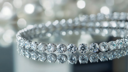 Stunning close-up of a diamond necklace reflecting light beautifully, perfect for showcasing elegance in jewelry design or for luxury-themed promotional materials.の素材