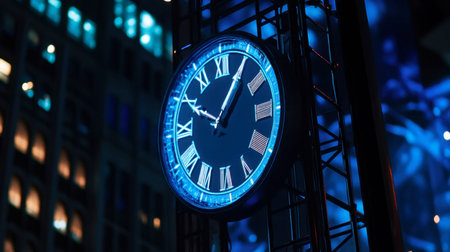 A stunning illuminated clock tower at night features vibrant blue lighting, Roman numerals, and a modern city backdrop, creating a captivating urban scene.の素材