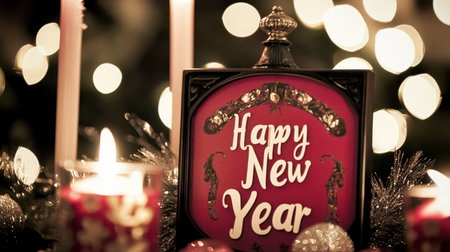 A beautiful display featuring a "Happy New Year" sign complemented by glowing candles and shiny ornaments, creating a cozy and festive atmosphere perfect for winter celebrations.の素材