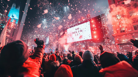 A vibrant urban celebration filled with colorful confetti and snow, as a cheering crowd welcomes the New Year amidst festive lights and a joyous atmosphere.の素材