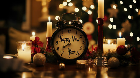 Immerse yourself in the warmth of celebration with a vintage alarm clock and candles, capturing the essence of New Year's Eve surrounded by festive decor and cheer.の素材