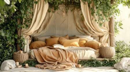 An inviting outdoor space adorned with soft bedding and natural decor, ideal for relaxation. Surrounded by lush greenery, this sanctuary offers a perfect retreat for restful moments.の素材