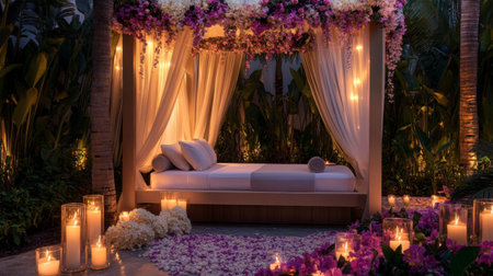 A peaceful outdoor setting featuring a beautiful canopy bed adorned with flowers, soft lighting, and flickering candles, ideal for relaxation and rejuvenation.の素材