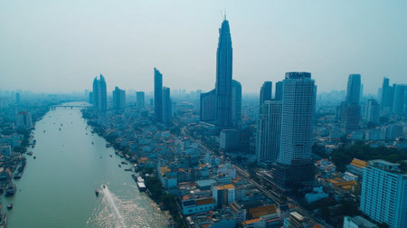Stunning aerial view of Ho Chi Minh City showcasing iconic skyscrapers and a bustling river, wrapped in a hazy atmosphere, perfect for urban exploration and travel themes.の素材