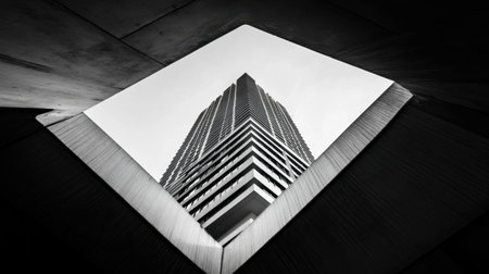 Captivating black and white image of a modern skyscraper emerging from geometric concrete shapes, showcasing innovative urban architecture and striking design details.の素材