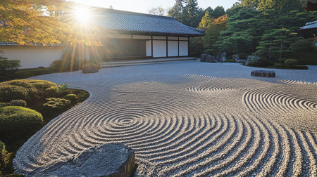 Discover a tranquil Japanese Zen garden featuring elegantly raked gravel patterns, surrounded by lush greenery and traditional architecture, inviting peace and reflection.の素材