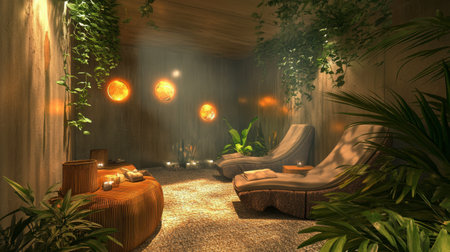 A serene spa interior featuring comfortable lounge chairs surrounded by lush greenery and soft lighting, creating a perfect atmosphere for relaxation and rejuvenation.の素材