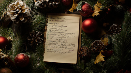 A heartwarming scene featuring a handwritten recipe amidst festive decorations, creating a nostalgic atmosphere perfect for holiday gatherings and culinary traditions.の素材