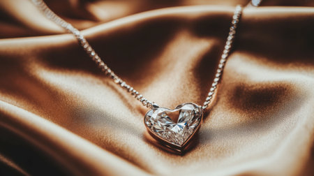 A stunning heart-shaped diamond pendant rests elegantly on a soft satin fabric, surrounded by gentle light, creating a captivating scene perfect for showcasing luxury jewelry.の素材