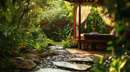 Discover a tranquil outdoor retreat featuring a cozy gazebo surrounded by lush greenery and a meandering stone path, perfect for moments of relaxation and rejuvenation.の素材