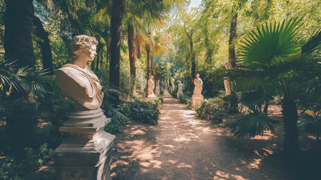 A tranquil garden pathway adorned with classic sculptures, surrounded by lush greenery and palm trees, offering a peaceful escape into nature's beauty.の素材