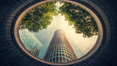 A captivating view of a tall skyscraper framed by vibrant trees, showcasing the harmony between urban structures and nature against a clear sky.の素材