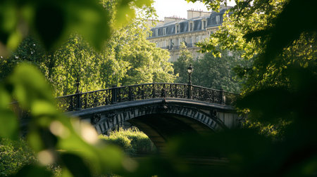 A peaceful scene showcasing an elegant bridge framed by lush green trees in an urban park, highlighting the beauty of nature and architecture under soft sunlight.の素材