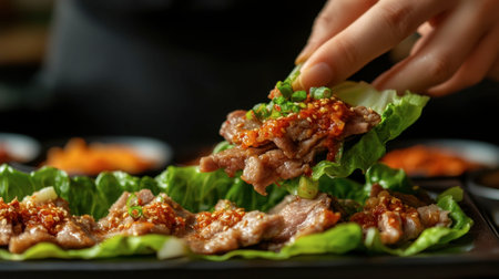 A closeup of a hand picking up a delicious lettuce wrap filled with tender meat and spicy sauce, ideal for food lovers and culinary creations in a gourmet setting.の素材